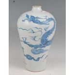 A large Chinese export stoneware blue & white Meiping vase, typically decorated with a four claw