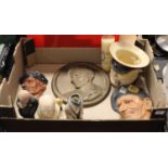 A box of mixed effects to include; three painted plaster wall plaques to include Field Marshall