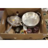 A box of miscellaneous items, to include ruby glass storage jars and covers, muffin dish etc