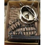 A box of miscellaneous silver plate, to include six-division toast rack, cased set of six tea knives
