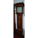 An early 19th century provincial oak and mahogany crossbanded longcase clock, the square painted