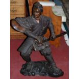 A large bronze figure, modelled as a Japanese Samurai Warrior, standing dressed in floral and