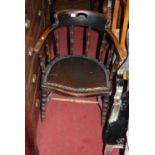 A 1930s beech tub elbow chair with studded rexine pad seat, width 58cm, together with an early