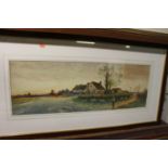 S. Sinclair - Timbered farmhouse with ducks and farmer at sunset, watercolour, signed lower right,