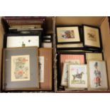 Two boxes of assorted prints, to include various military officers, sporting and humorous examples
