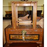An Eastern varnished and relief carved small hinge top blanket box, width 69.5cm, together with an