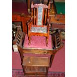 Occasional furniture to include; an Edwardian beech hinged top music seat, stained wood dolls