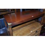 A reproduction mahogany and brass mounted campaign style low rectangular coffee table, length 107cm