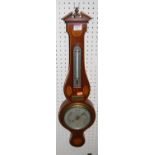 A small mahogany, satinwood inlaid and chequer strung two dial wheel barometer by Negretti &