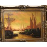 Russian school - Harbour scene at sunset, oil on canvas, signed lower right, 28 x 38cm