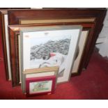 Assorted prints, pine framed wall mirror etc