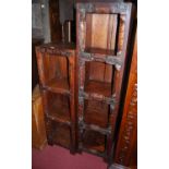 Two contemporary Eastern hardwood and metal bound narrow open shelves, the largest height 169cm