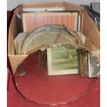 Three various unframed but bevelled wall mirrors, assorted prints etc (a box)