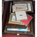 Assorted pictures, prints, framed display of cigarette cards, etc