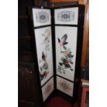 A contemporary Chinese lacquered four panelled folding screen, width of each panel 43cm