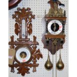 A Swiss carved walnut two dial aneroid barometer, together with a Swiss hanging cuckoo wall clock (