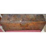 A circa 1700 provincial boarded oak six plank blanket box, having exterior replacement iron hinges