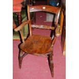 A circa 1900 provincial elm and fruitwood bar back elbow chair, w56cm