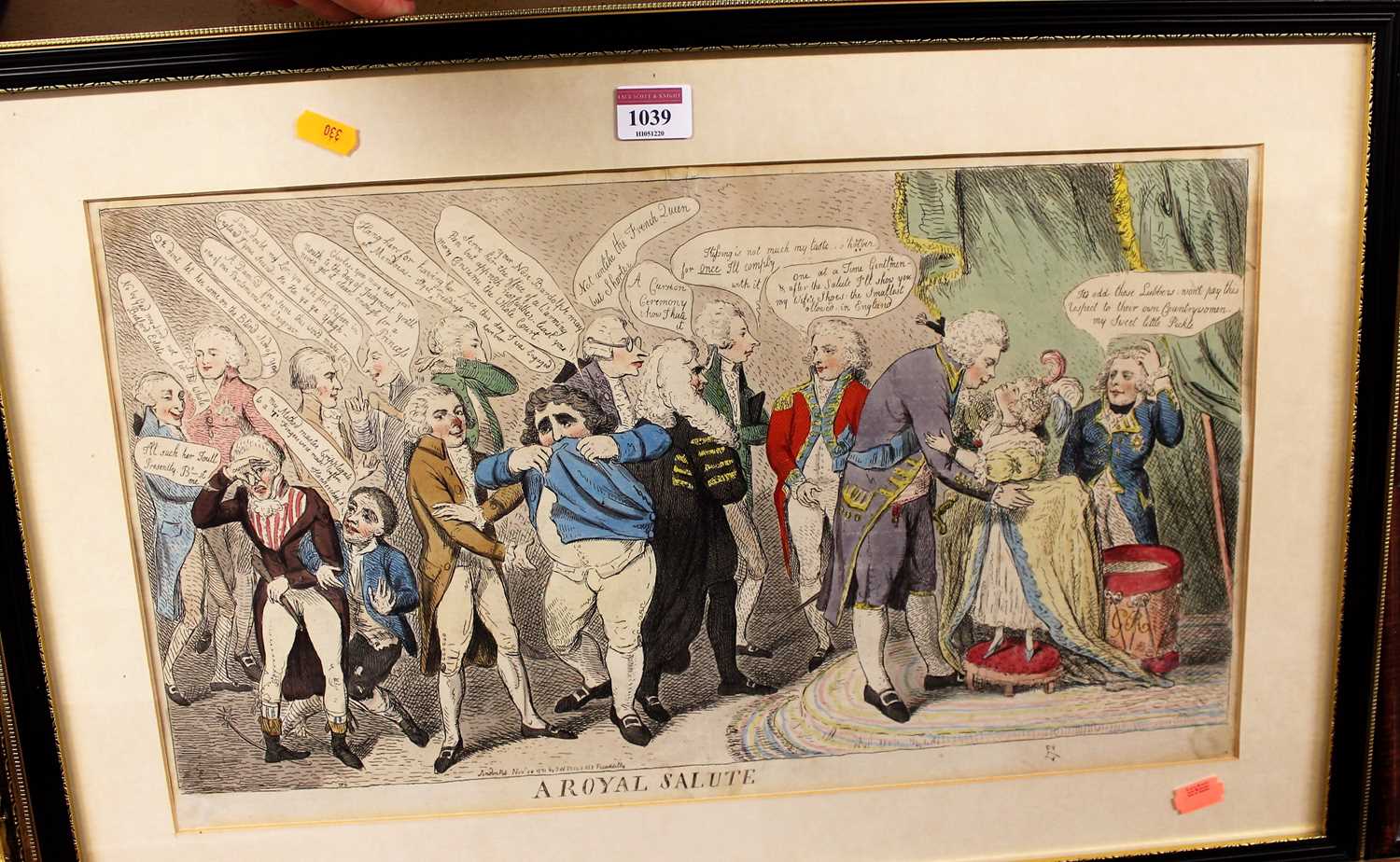 A Royal Salute - a George III satirical print being later hand-coloured, published London 1791 by