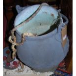 An early 20th century painted galvanised metal swing handled well water bucket, with attached pulley