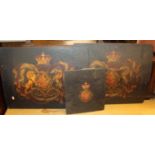 Three painted panels, probably as removed from a carriage, each depicting Royal Coat of Arms, the