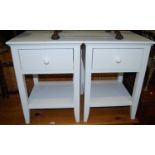 A pair of contemporary white wood low single drawer bedside tables, width 43.5cm