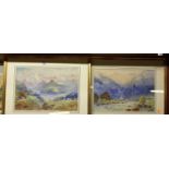 O.J. Way - Pair; Alpine scenes, watercolours, signed lower left and right, 30 x 43cm