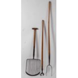 * A early 20th century potato/beet fork, having twelve tines and T handle, 112cm, together with a