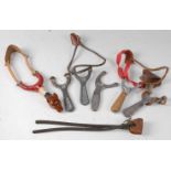 * A custom made hunting catapult, having a brown glazed ceramic fox head on an antler handle,