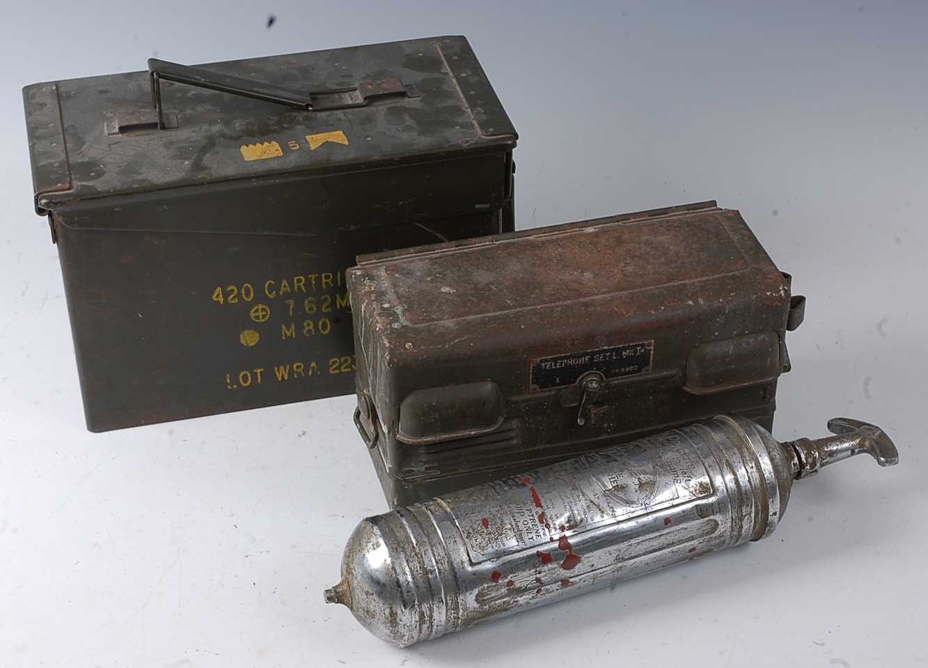 A military ammunition case for 420 7.62mm cartridges, together with a Telephone Set L Mk I field