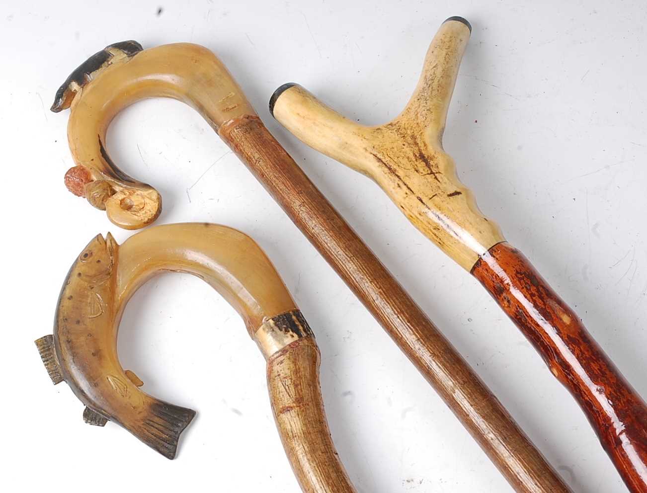 A thumbstick walking stick, the rams horn handle carved as a trout, 122cm, together with two others.