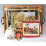 * An oak framed twin handled drinks tray, the mirrored centre transfer decorated with a village
