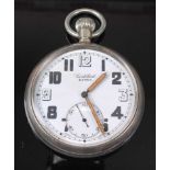 A Contebert Extra military issue nickel cased open faced pocket watch, having a white enamel dial