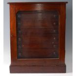 A Victorian stained pine collectors cabinet, fitted with eight drawers, enclosed by a glazed door on