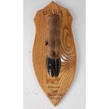 * A modern taxidermy Deer slot, mounted on an oak shield annotated "D.S.S.H Found Allotments Taken