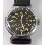 A Soviet Russian military wristwatch, having a black dial with luminous Arabic numerals, the steel