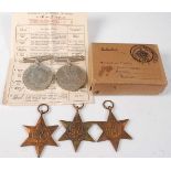 A group of five WW II medals, to include 1939-1945 Star, Africa Star, Burma Star, Defence and War,