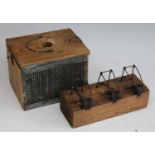 * A Young's stained pine and wirework auto-mousetrap, w.16cm; together with an early 20th century '