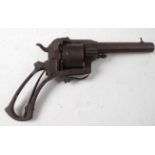 A 19th century Belgian six shot revolver, having an 8cm sighted octagonal barrel and drop down