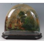 * A Victorian glass dome on an ebonised plinth, the polychrome painted backdrop depicting a