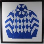 A framed set of jockey silks in blue and white diamond check pattern, 99 x 99cm.