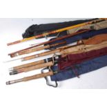 A collection of seven fishing rods to include "The John Goddard Boat" 10' # 6/7 2 piece rod,