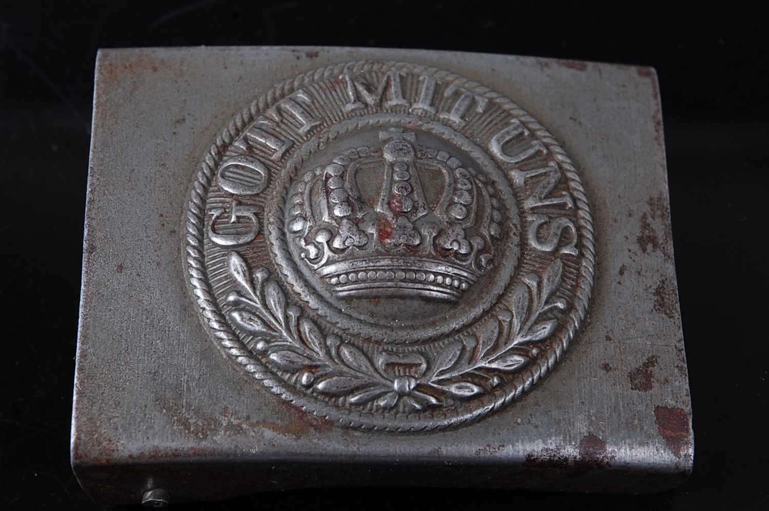 An Imperial German belt buckle, the central Prussian crown within legend Gott Mit Uns with wreath
