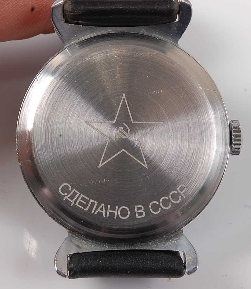 A Soviet Russian military wristwatch, having a black dial with luminous Arabic numerals, the steel - Image 2 of 3