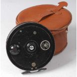 An Allcocks Match Aerial 4 1/2" centre pin reel, in a leather pouch.