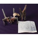 * An early 20th century J. Roberts patent galvanised scissor action mole trap, together with two