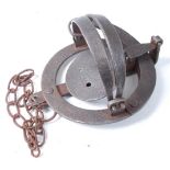 * A Victorian pole trap, having 4" smooth round jaws and steel tongue, the spring neck stamped H.