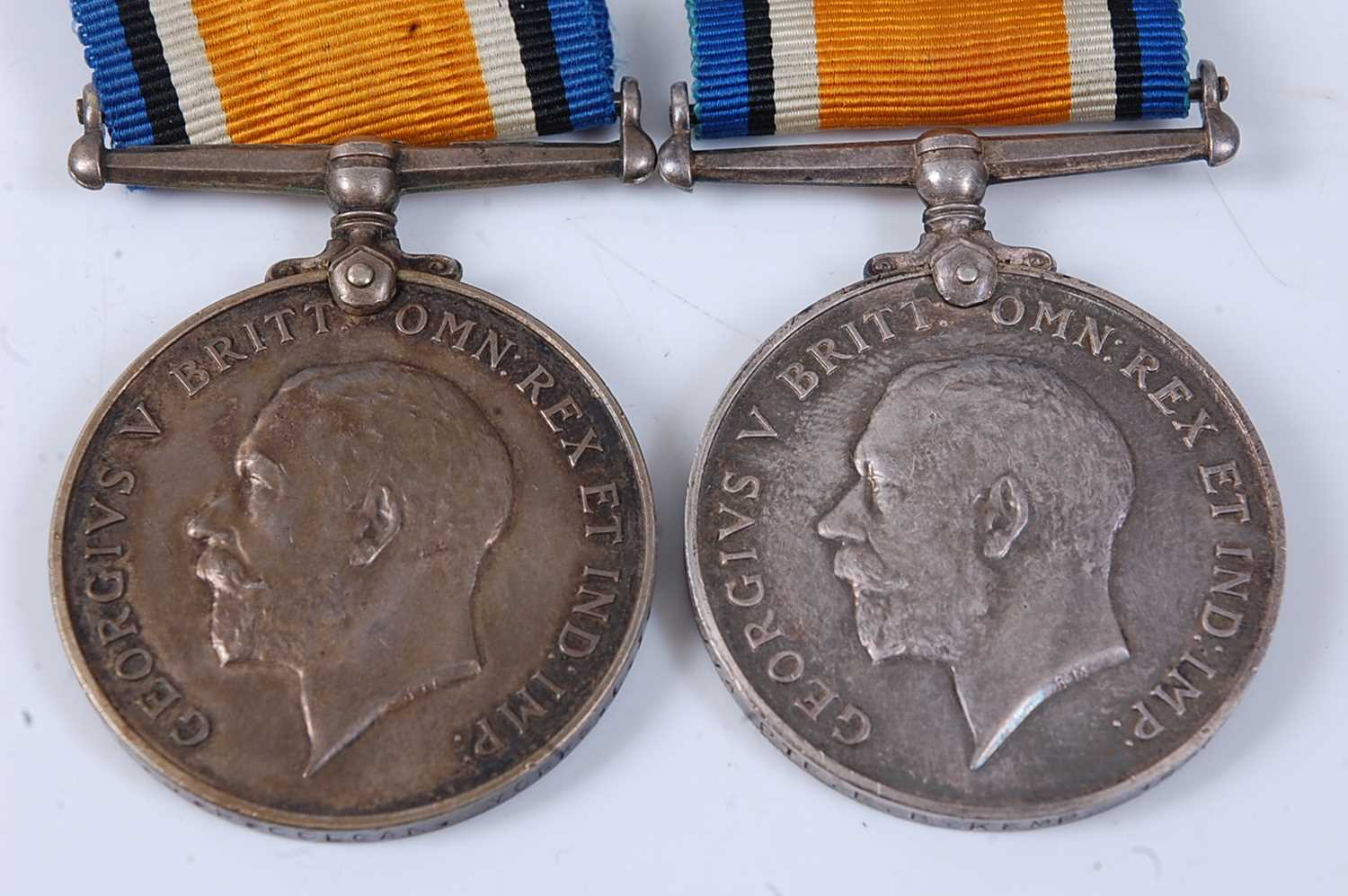 Two WW I British War medals, naming 39774 PTE. E.B. KEMP. 16 - LOND. R. and 15165. CPL. J.R. COLGAN.