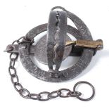 * A Victorian pole trap, having 4" round serrated jaws, the brass tongue stamped H. Lane Maker