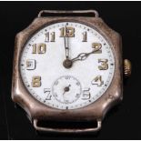 An early 20th century gent's silver cased wristwatch, having an enamel dial with luminous Arabic